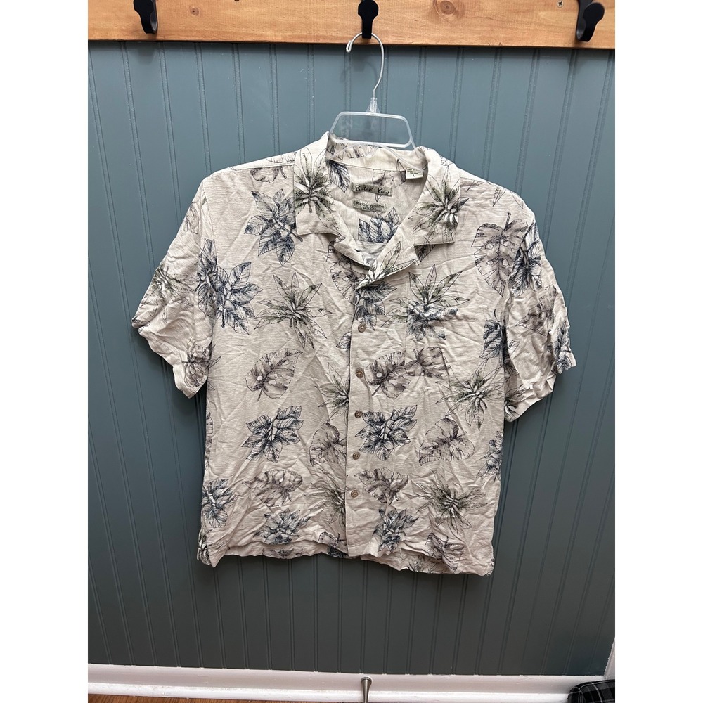 Batik Bay Mens 100% Silk Tropical Leaf Print Camp Shirt Beige Large Short Sleeve